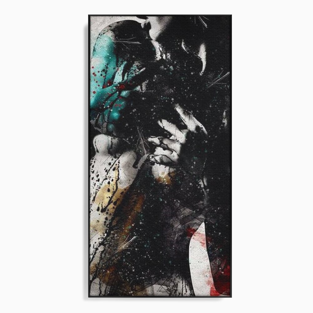 Tablou canvas cu tablou canvas cu silueta feminina si culori abstracte, in rama de aluminiu negru