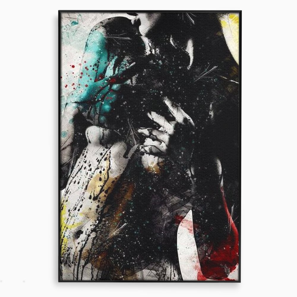 Tablou canvas cu tablou canvas cu silueta feminina si culori abstracte, in rama de aluminiu negru