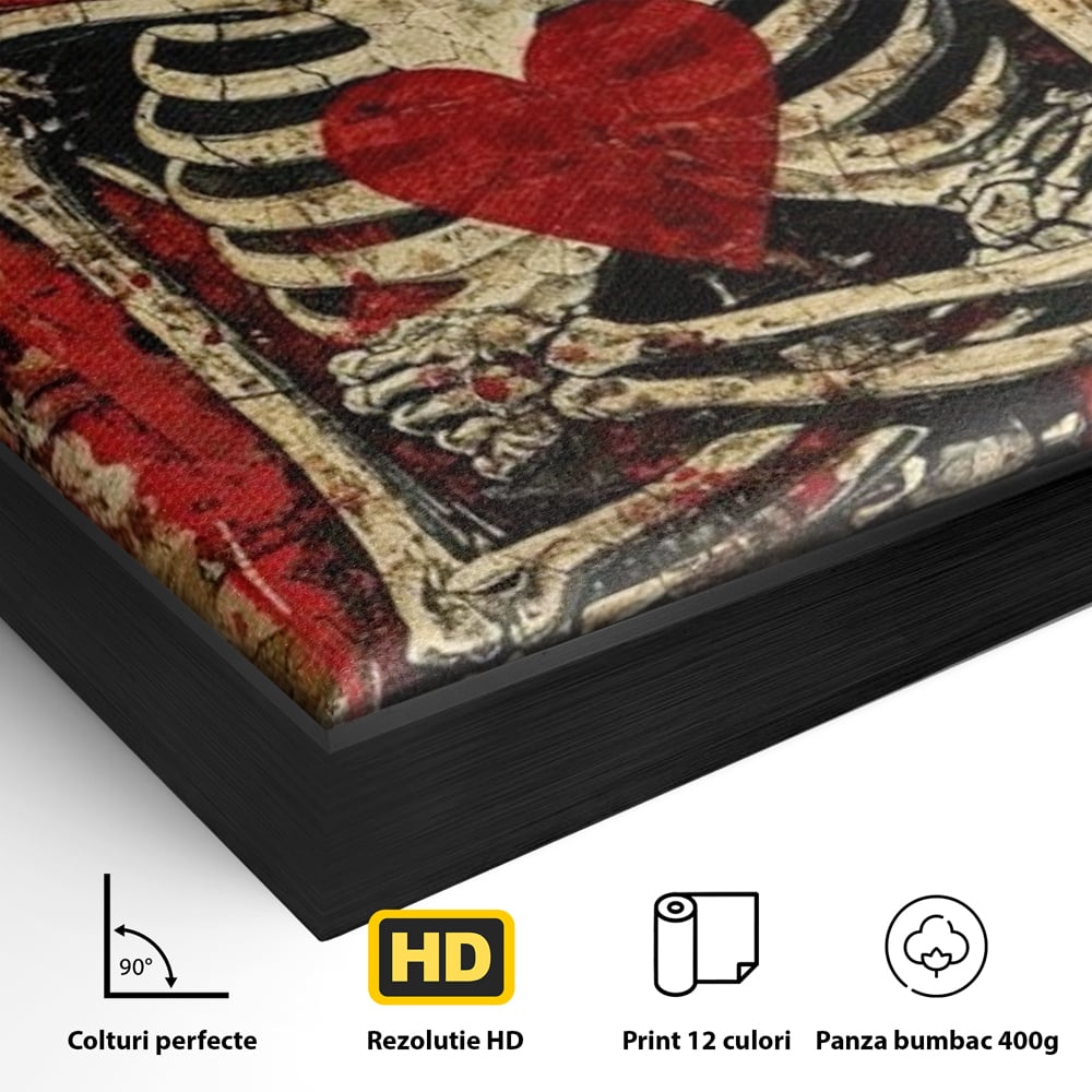 Detaliu al suprafetei: tablou canvas cu schelet purtand coroana, in rama de aluminiu negru