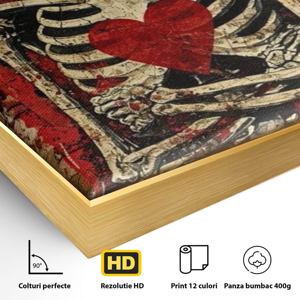 Detaliu al suprafetei: tablou canvas cu schelet purtand coroana, in rama de aluminiu auriu