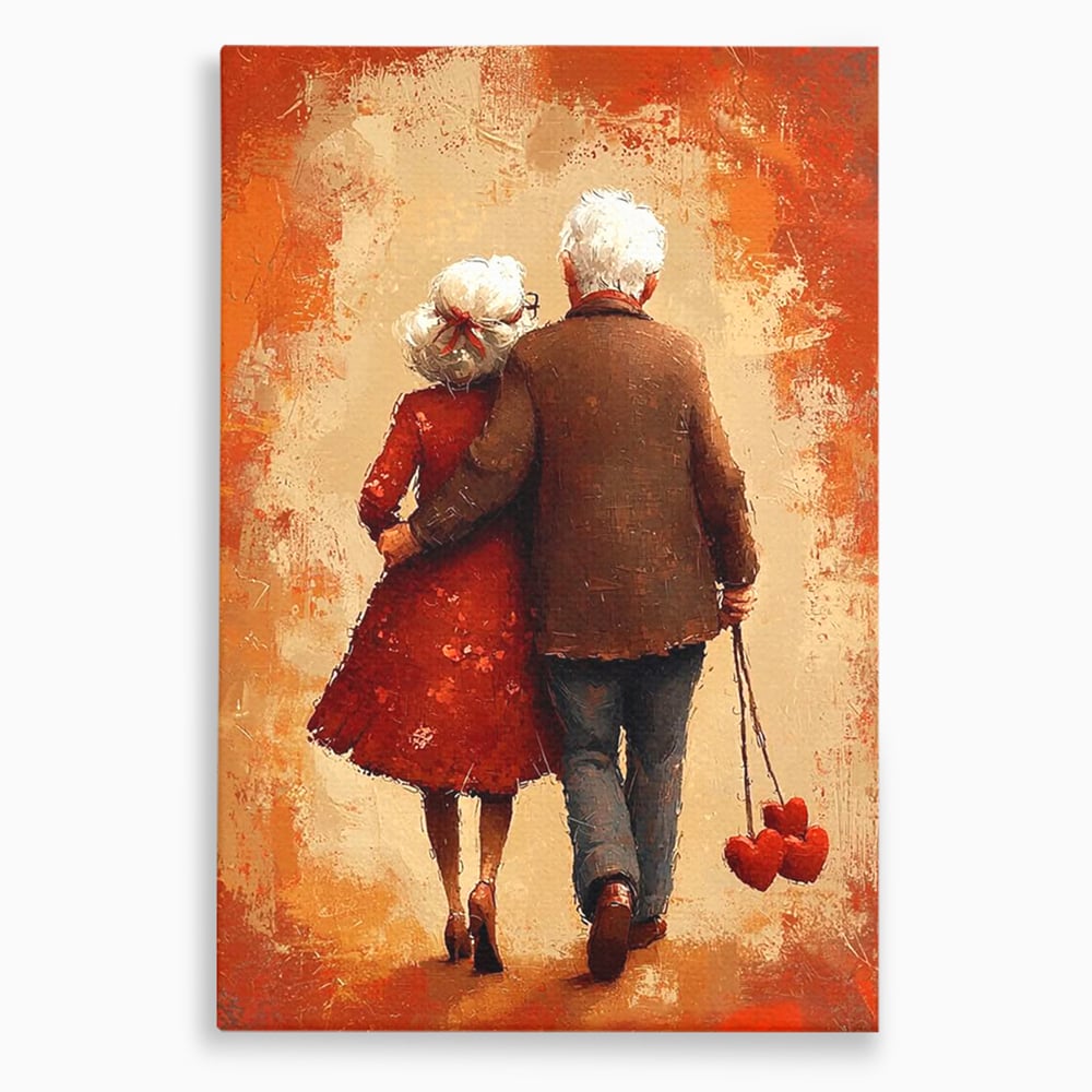 Tablou canvas cu pictura cu un cuplu in varsta imbratisat, fara rama, pe sasiu de lemn