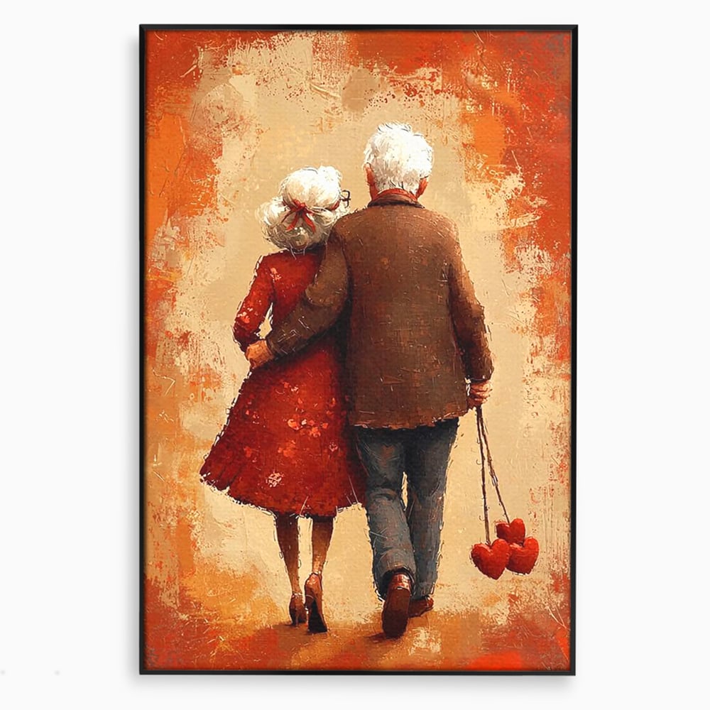 Tablou canvas cu pictura cu un cuplu in varsta imbratisat, in rama de aluminiu negru