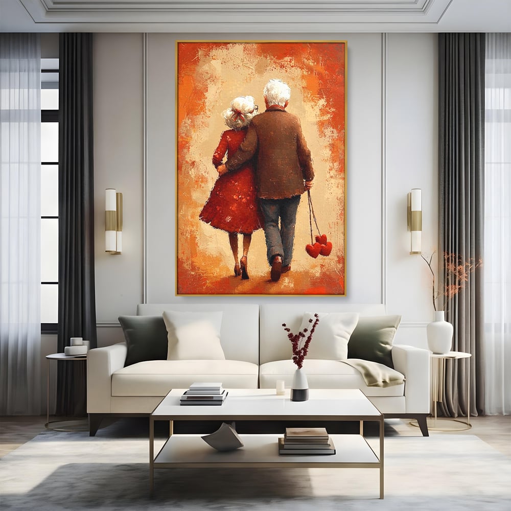 Tablou canvas cu pictura cu un cuplu in varsta imbratisat, in rama de aluminiu auriu, pe perete intr-un living