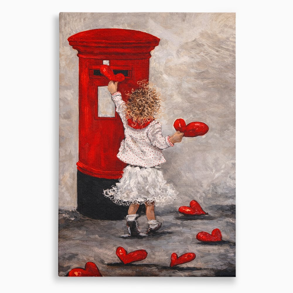 Tablou canvas cu pictura cu fetita si cutie postala, fara rama, pe sasiu de lemn
