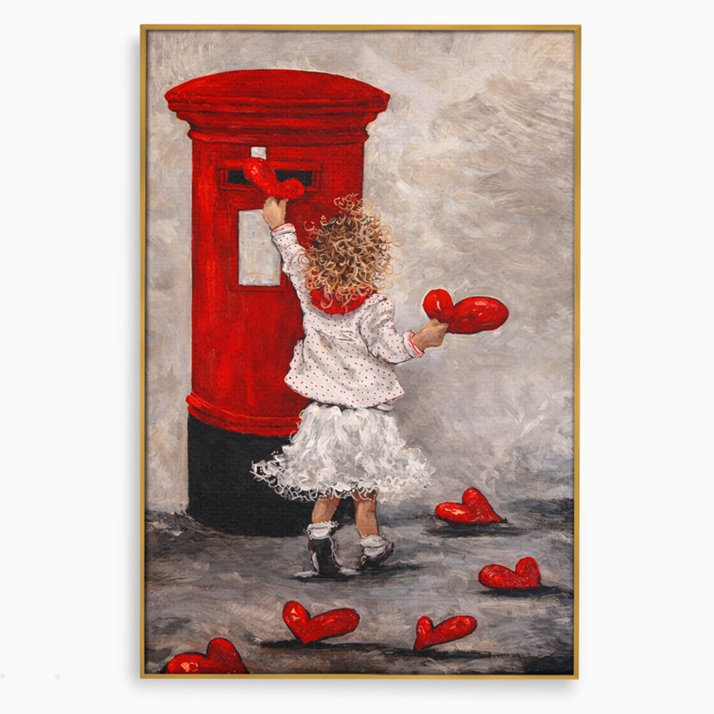 Tablou canvas cu pictura cu fetita si cutie postala, in rama de aluminiu auriu
