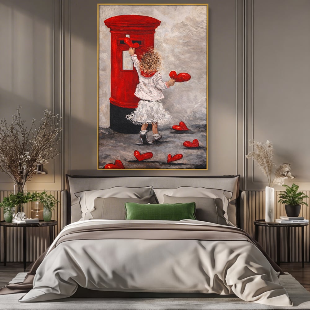 Tablou canvas cu pictura cu fetita si cutie postala, in rama de aluminiu auriu, pe perete intr-un dormitor