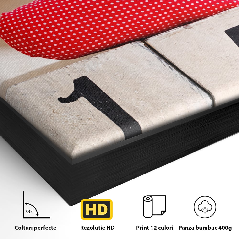 Detaliu al suprafetei: tablou canvas cu data de paisprezece februarie, in rama de aluminiu negru