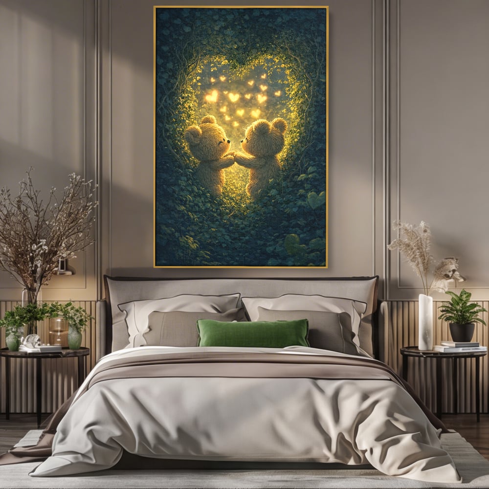 Tablou canvas cu doi ursuleti pufosi in padure, in rama de aluminiu auriu, pe perete intr-un dormitor