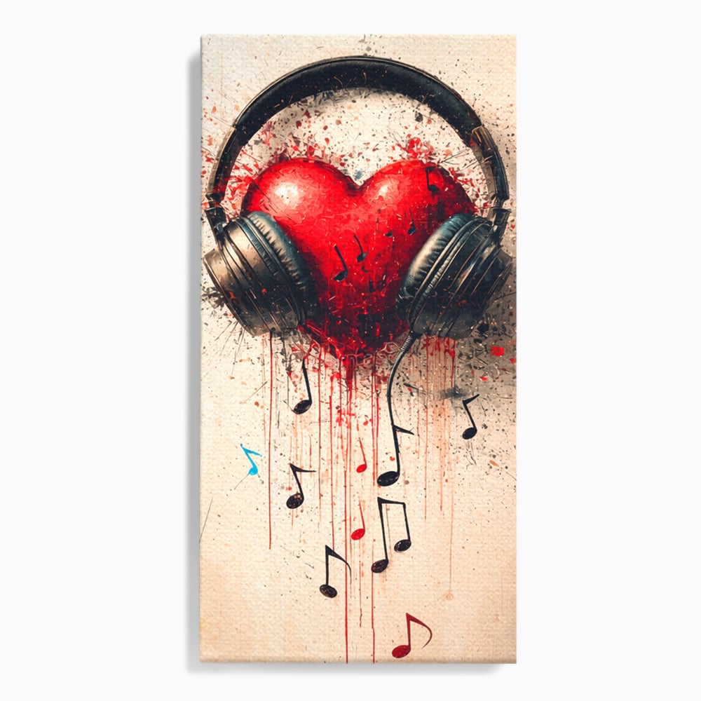 Tablou canvas cu tablou canvas cu inima rosie si casti audio, fara rama, pe sasiu de lemn