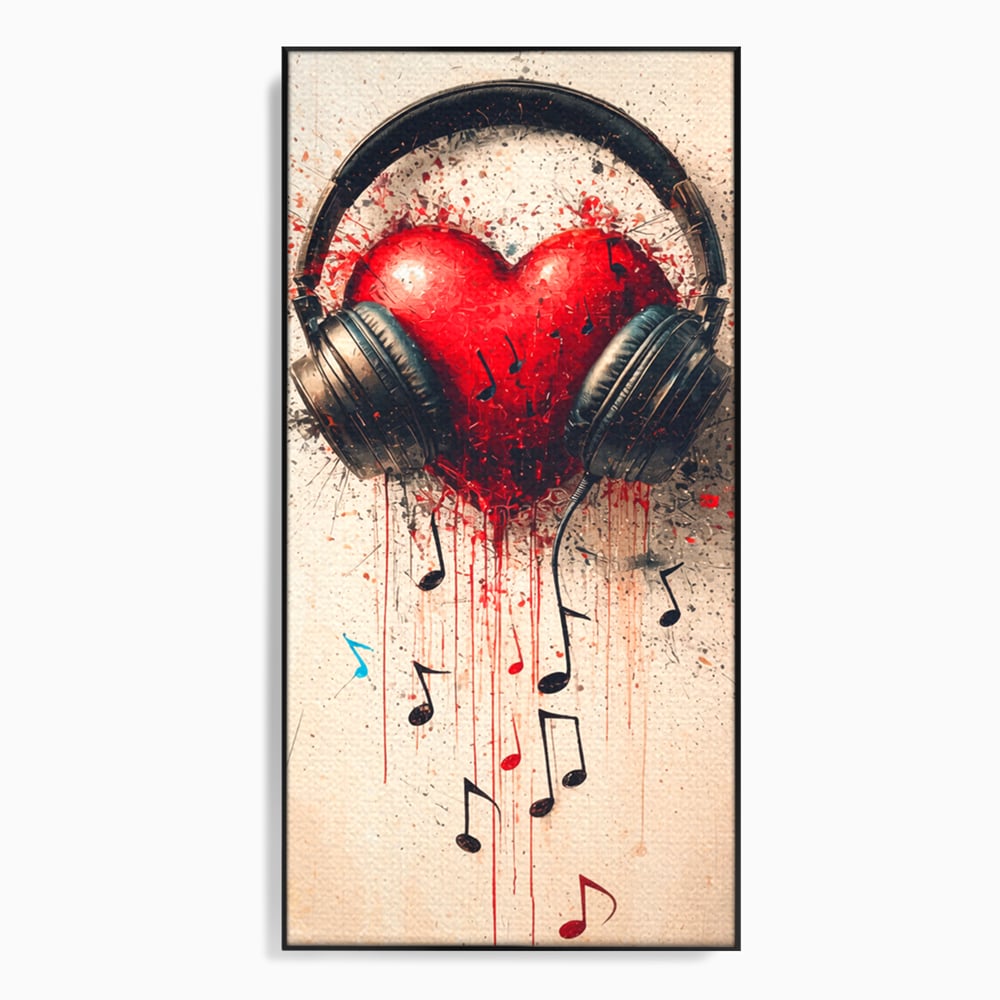 Tablou canvas cu tablou canvas cu inima rosie si casti audio, in rama de aluminiu negru