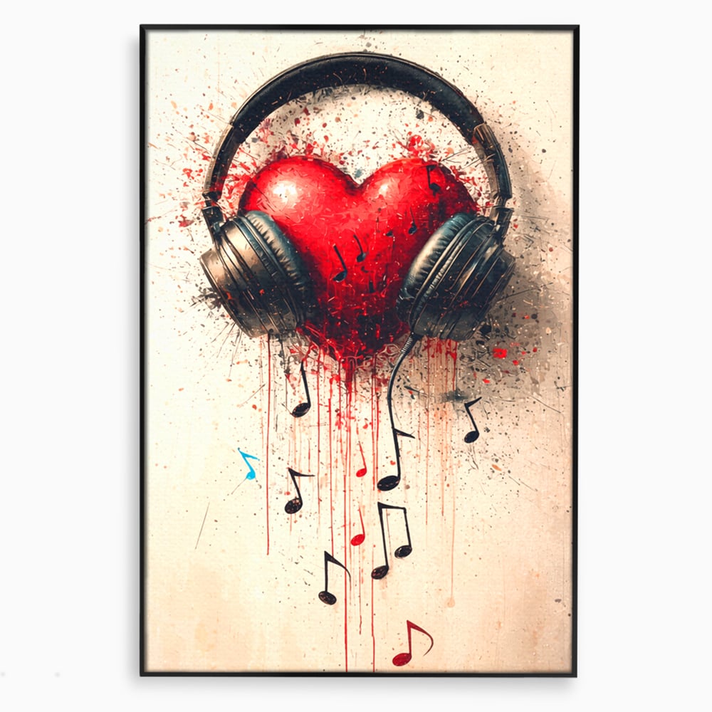 Tablou canvas cu tablou canvas cu inima rosie si casti audio, in rama de aluminiu negru