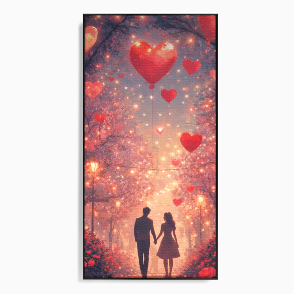 Tablou canvas cu ilustratie cu un cuplu pe alee, in rama de aluminiu negru