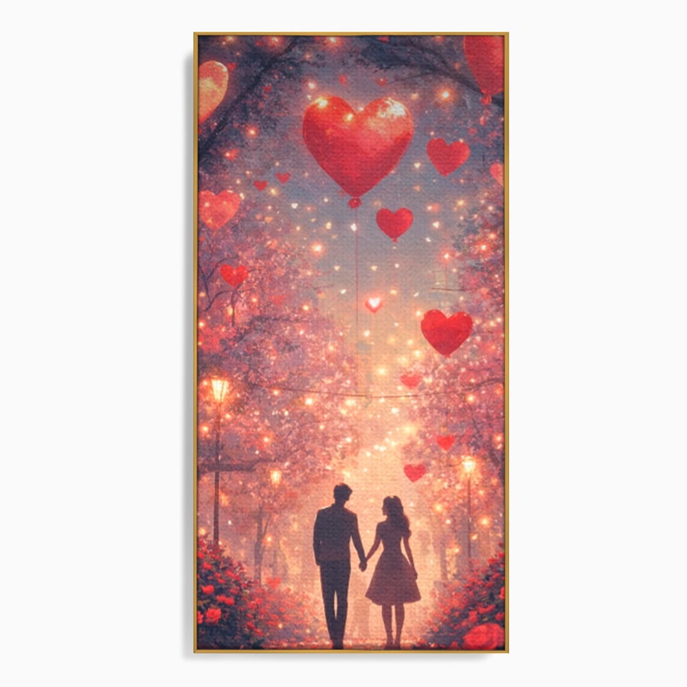 Tablou canvas cu ilustratie cu un cuplu pe alee, in rama de aluminiu auriu