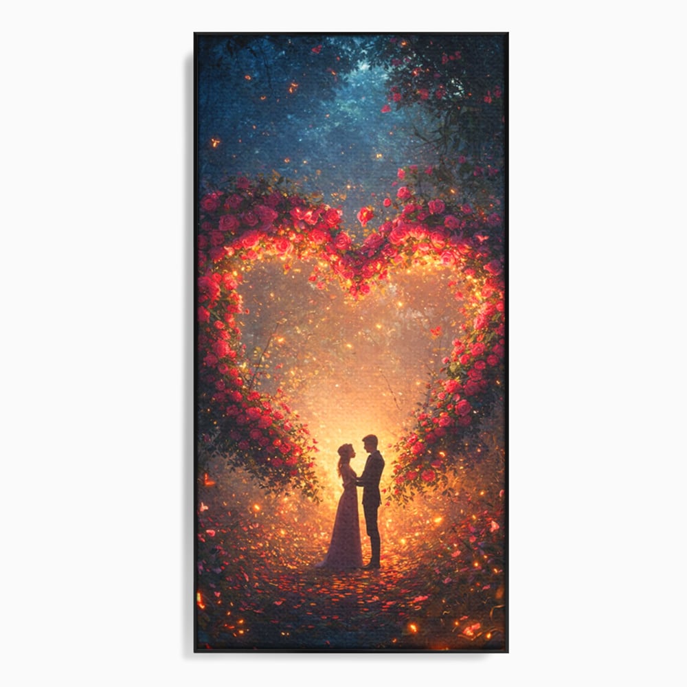 Tablou canvas cu ilustratie digitala cu cuplu si arc de trandafiri, in rama de aluminiu negru
