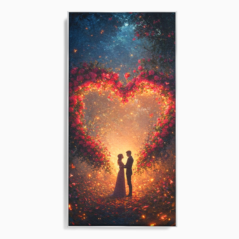 Tablou canvas cu ilustratie digitala cu cuplu si arc de trandafiri, in rama de aluminiu argintiu
