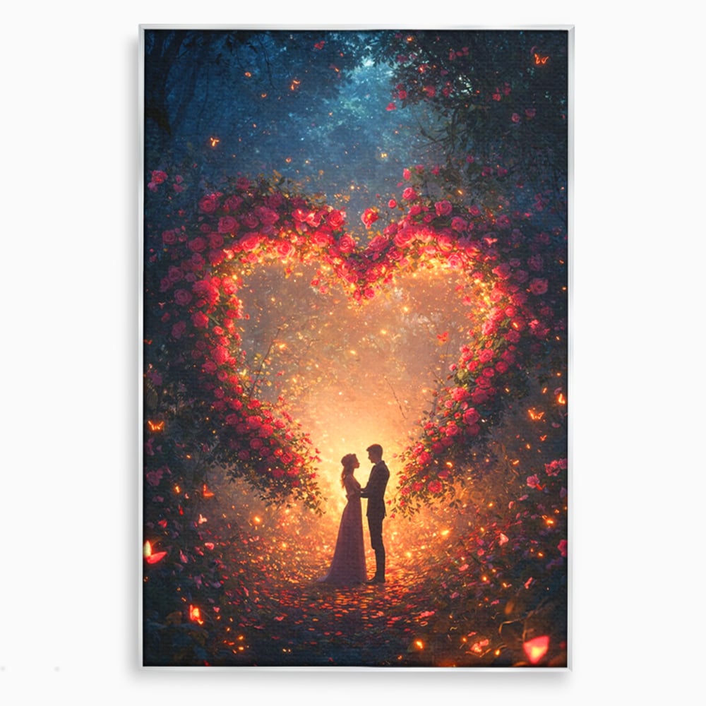 Tablou canvas cu ilustratie digitala cu cuplu si arc de trandafiri, in rama de aluminiu argintiu
