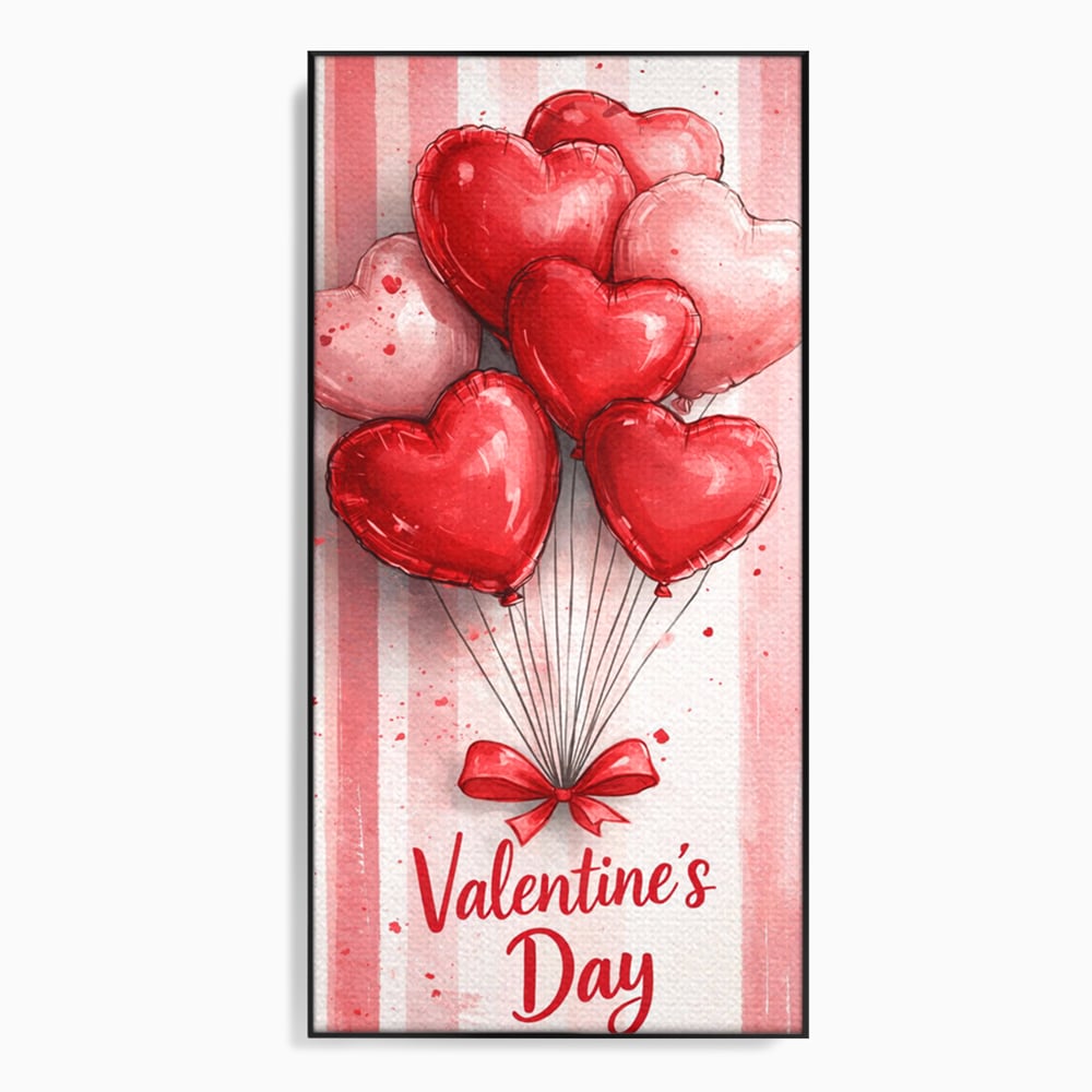 Tablou canvas cu illustratie verticala cu baloane rosii in forma de inima, in rama de aluminiu negru