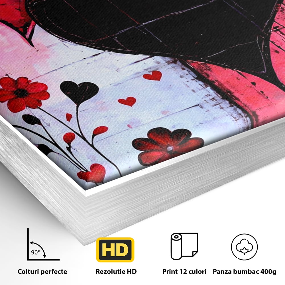 Detaliu al suprafetei: tablou canvas cu inimi si flori, in rama de aluminiu argintiu