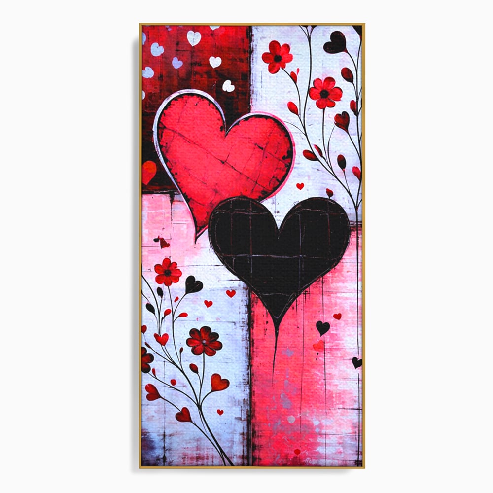 Tablou canvas cu tablou canvas cu inimi si flori, in rama de aluminiu auriu
