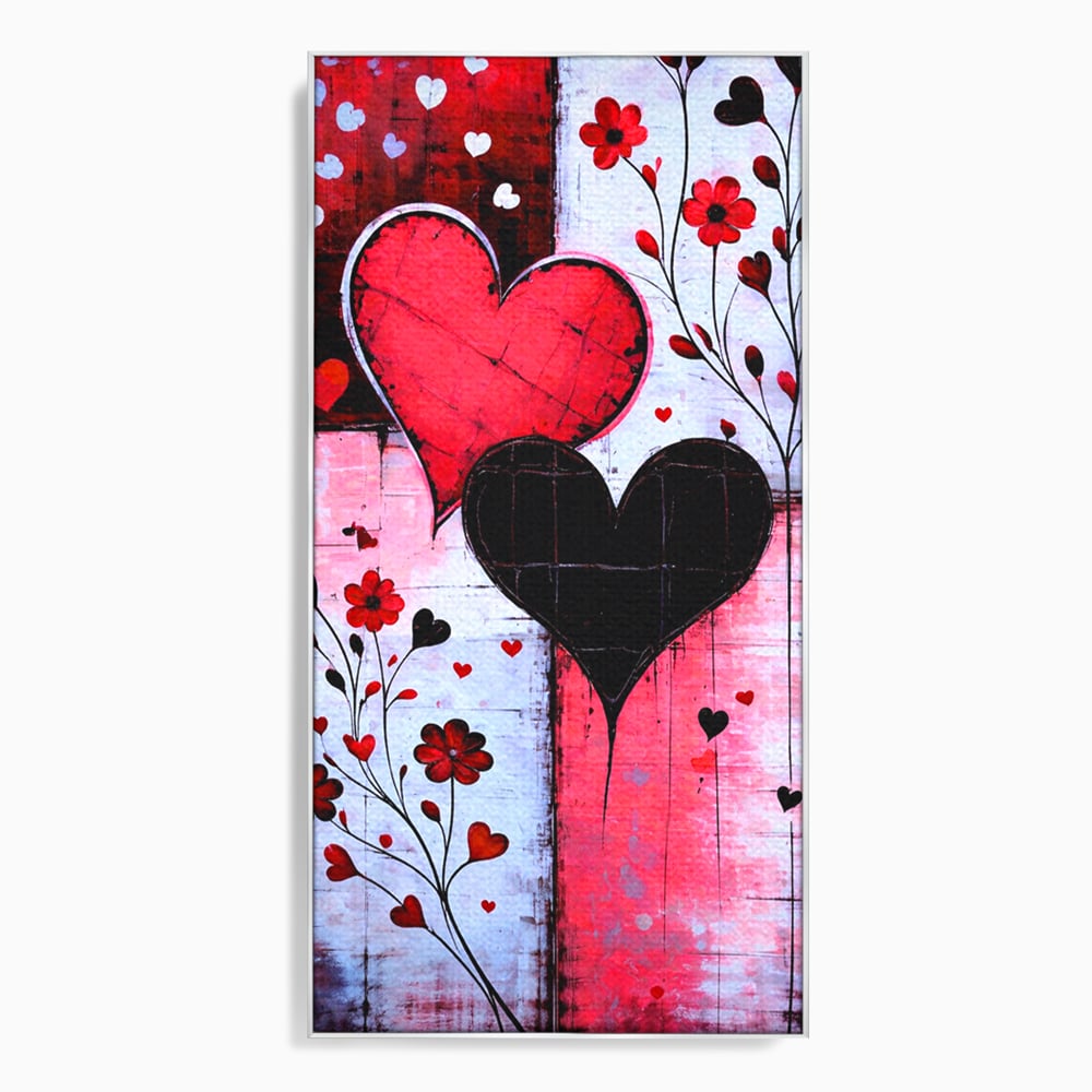 Tablou canvas cu tablou canvas cu inimi si flori, in rama de aluminiu argintiu