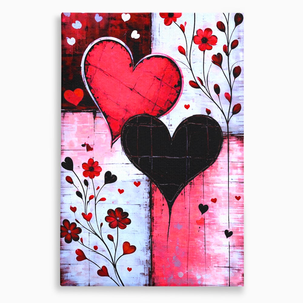 Tablou canvas cu tablou canvas cu inimi si flori, fara rama, pe sasiu de lemn