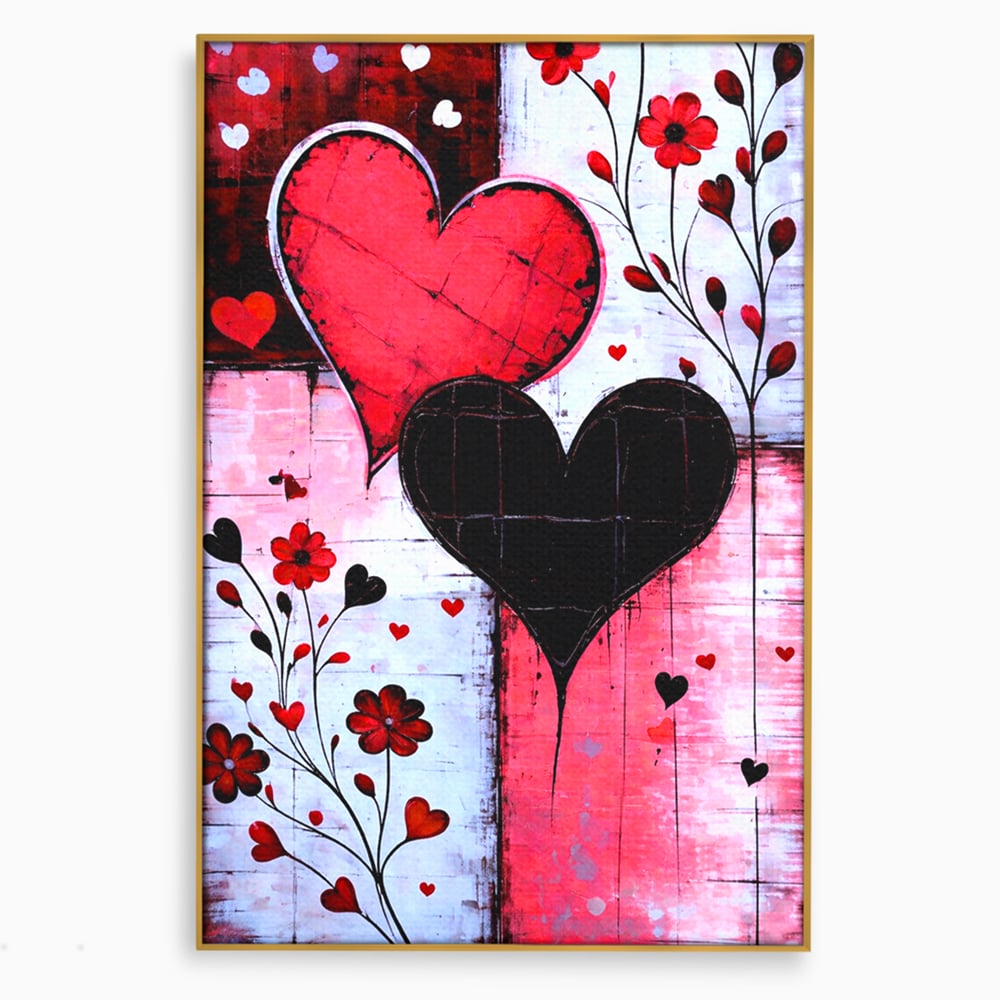 Tablou canvas cu tablou canvas cu inimi si flori, in rama de aluminiu auriu