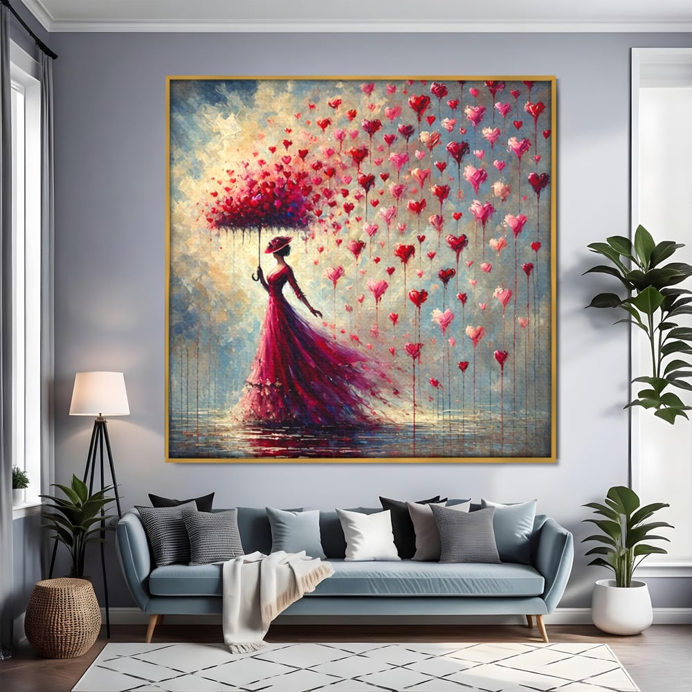 Tablou canvas cu tablou canvas cu femeie in rochie rosie, in rama de aluminiu auriu, pe perete intr-un living