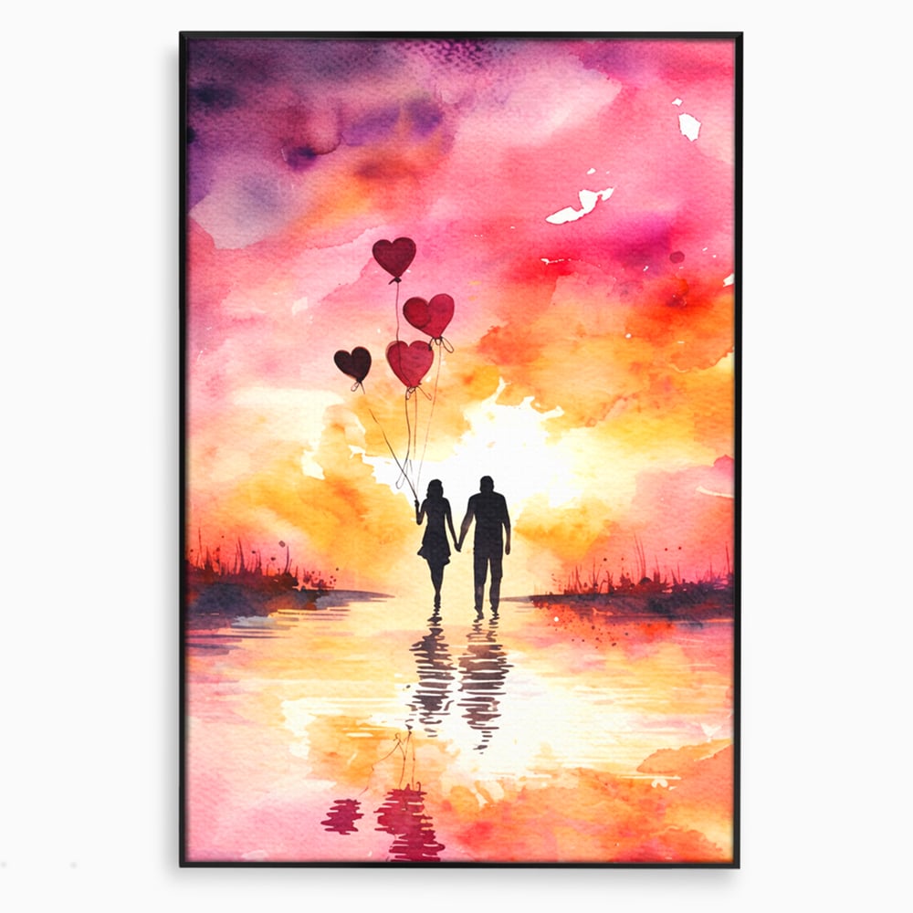 Tablou canvas cu pictura cuplu si baloane inima la apus, in rama de aluminiu negru