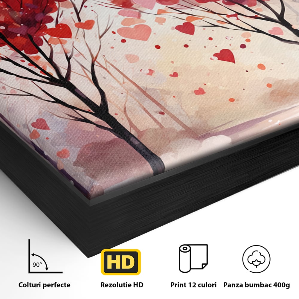 Detaliu al suprafetei: tablou canvas cu doi copaci in forma de inimi, in rama de aluminiu negru