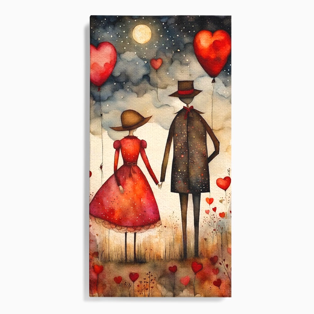 Tablou canvas cu ilustratie cu cuplu si baloane rosii in forma de inima, fara rama, pe sasiu de lemn