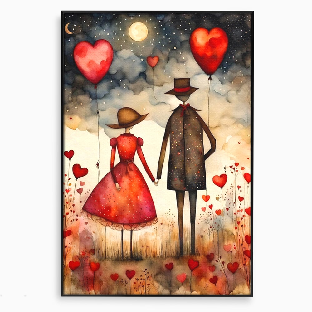 Tablou canvas cu ilustratie cu cuplu si baloane rosii in forma de inima, in rama de aluminiu negru