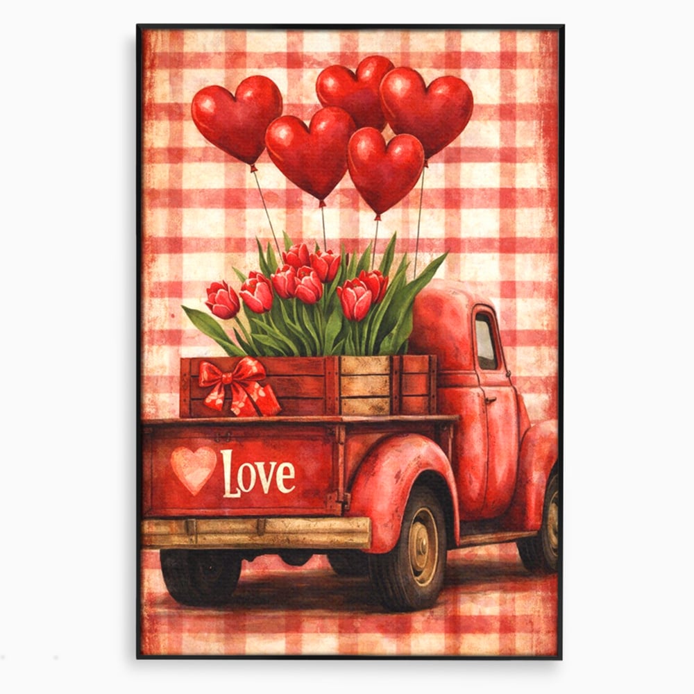 Tablou canvas cu tablou canvas cu un camion rosu vintage, in rama de aluminiu negru