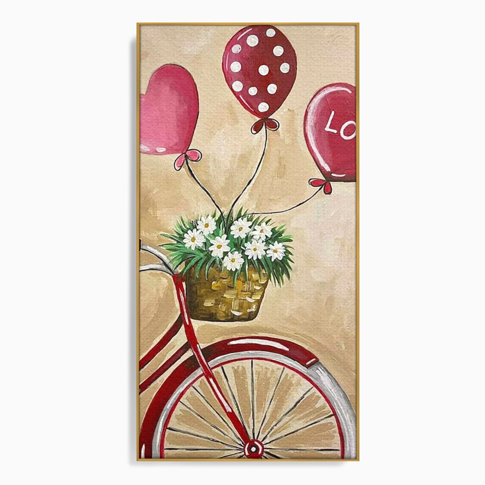Tablou canvas cu pictura cu bicicleta vintage si baloane, in rama de aluminiu auriu