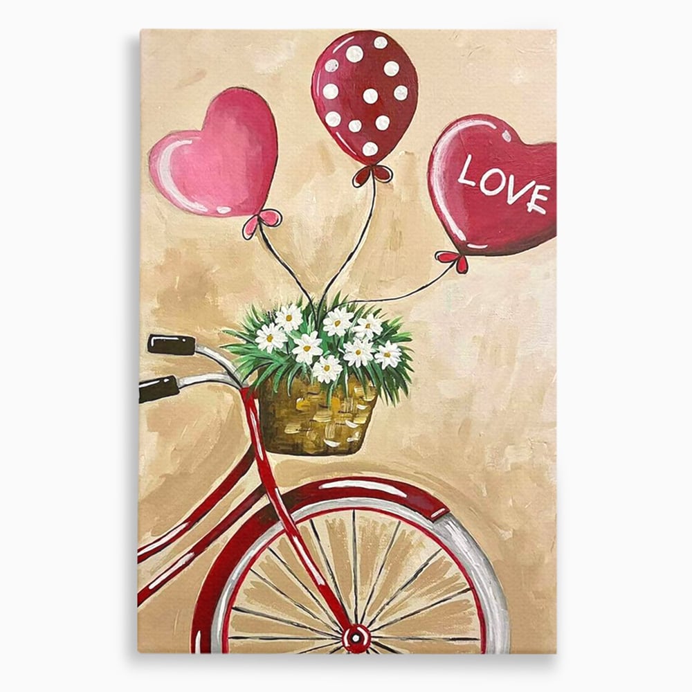 Tablou canvas cu pictura cu bicicleta vintage si baloane, fara rama, pe sasiu de lemn