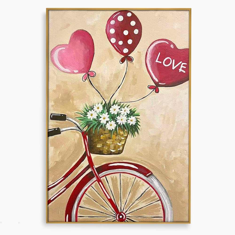 Tablou canvas cu pictura cu bicicleta vintage si baloane, in rama de aluminiu auriu