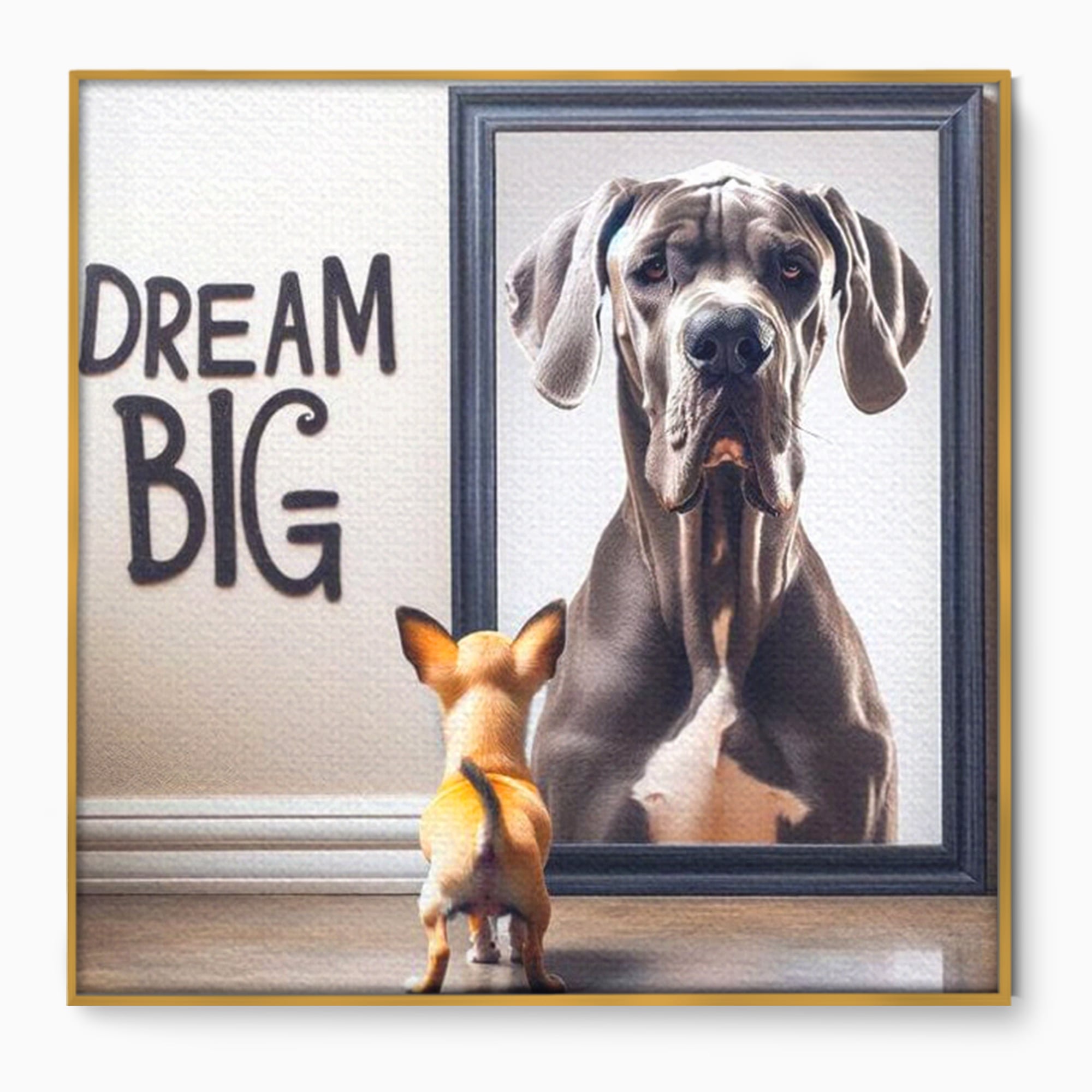 Tablou canvas cu tablou motivational cu caine mic si caine mare, in rama de aluminiu auriu