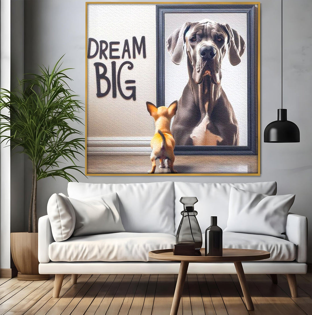 Tablou canvas cu tablou motivational cu caine mic si caine mare, in rama de aluminiu auriu, pe perete intr-un living