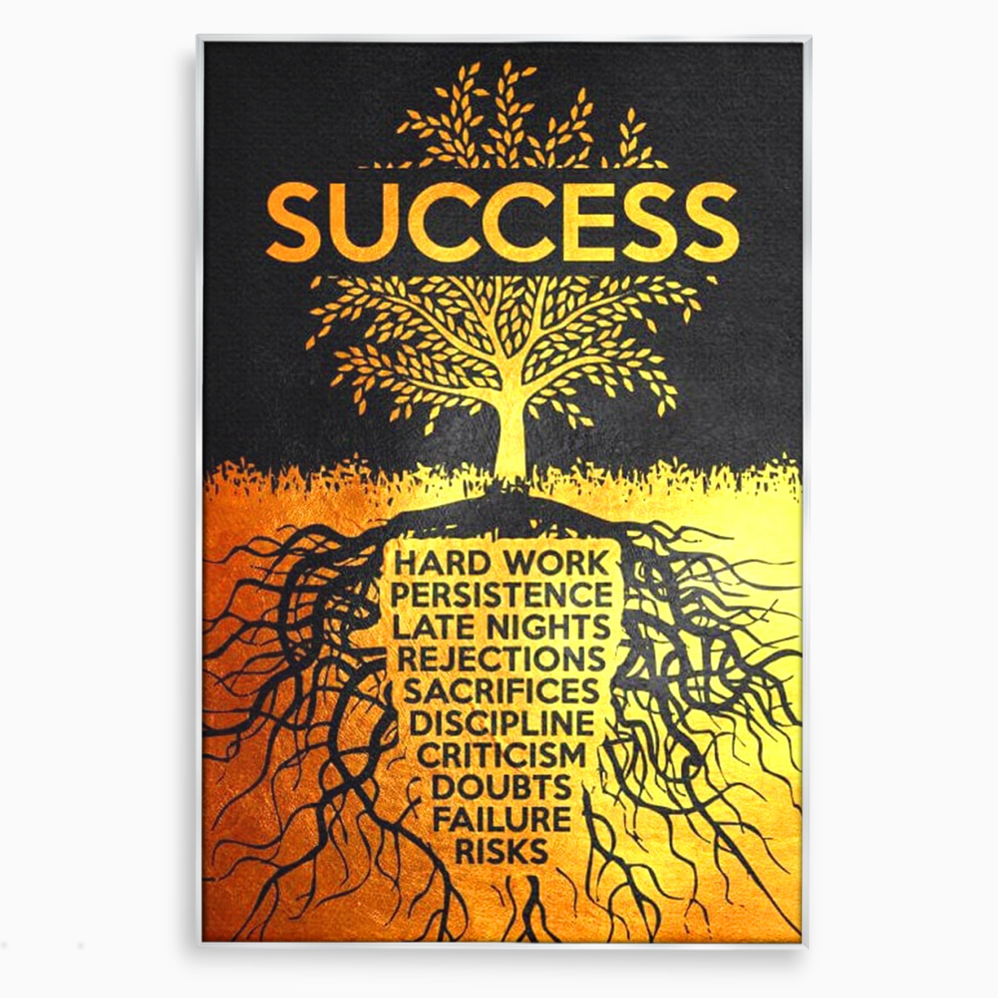 Tablou canvas cu tablou motivational cu arborele succesului, in rama de aluminiu argintiu
