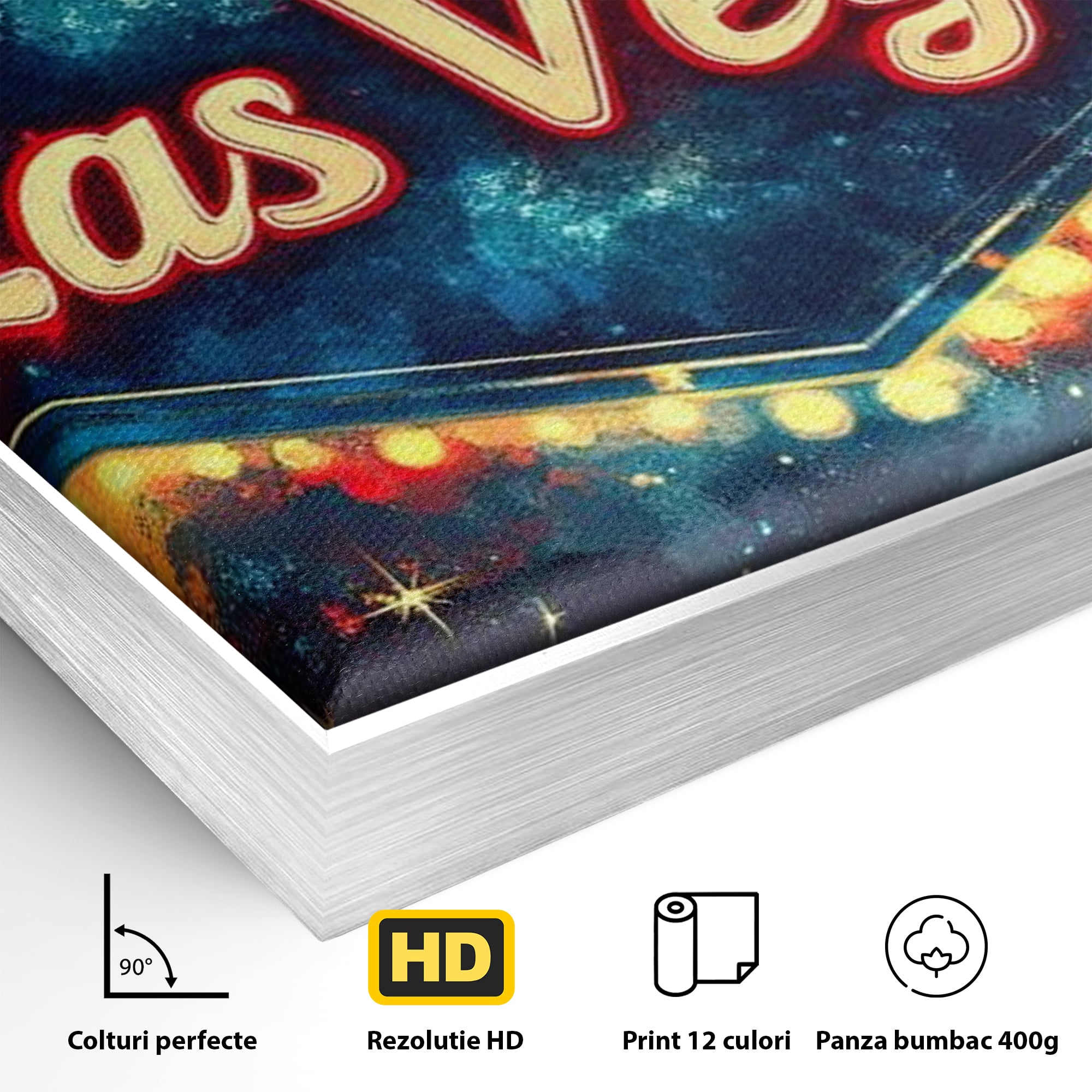 Detaliu al suprafetei: tablou canvas cu semn neon las vegas, in rama de aluminiu argintiu