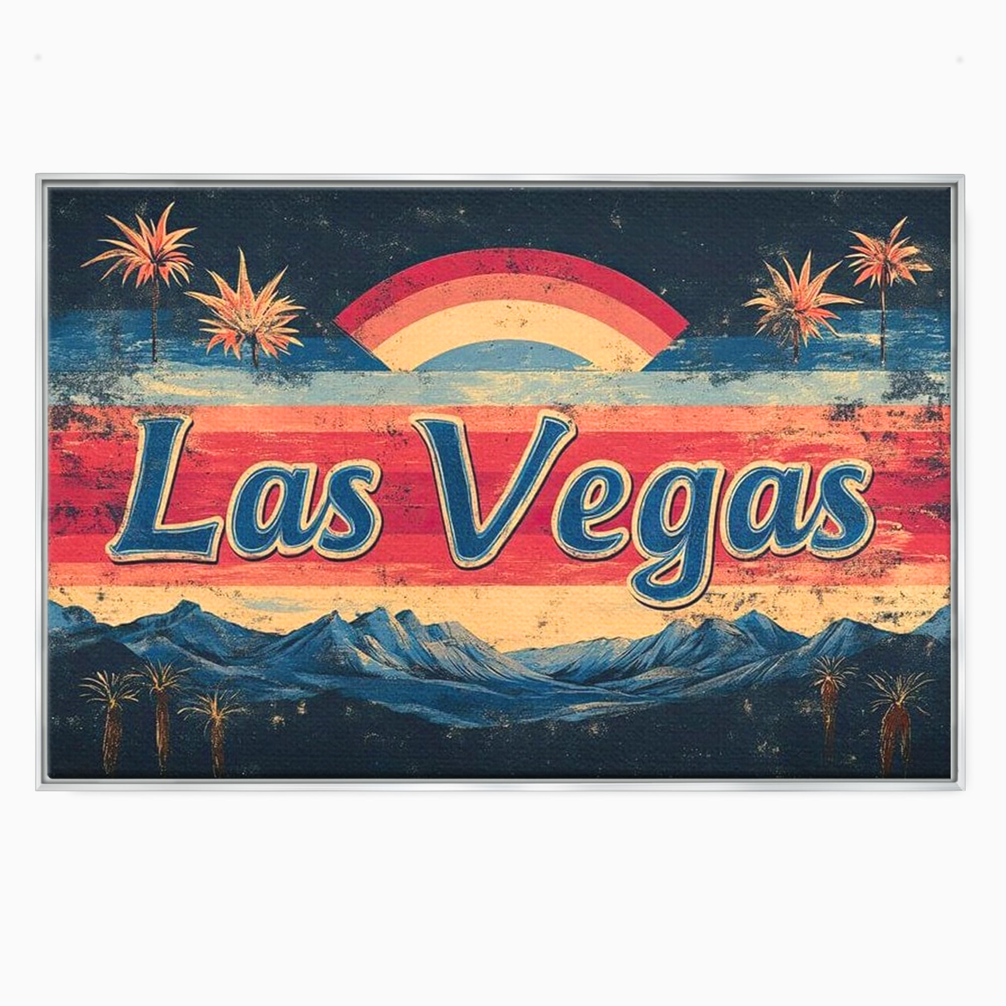 Tablou canvas cu ilustratie retro las vegas cu curcubeu si munti, in rama de aluminiu argintiu