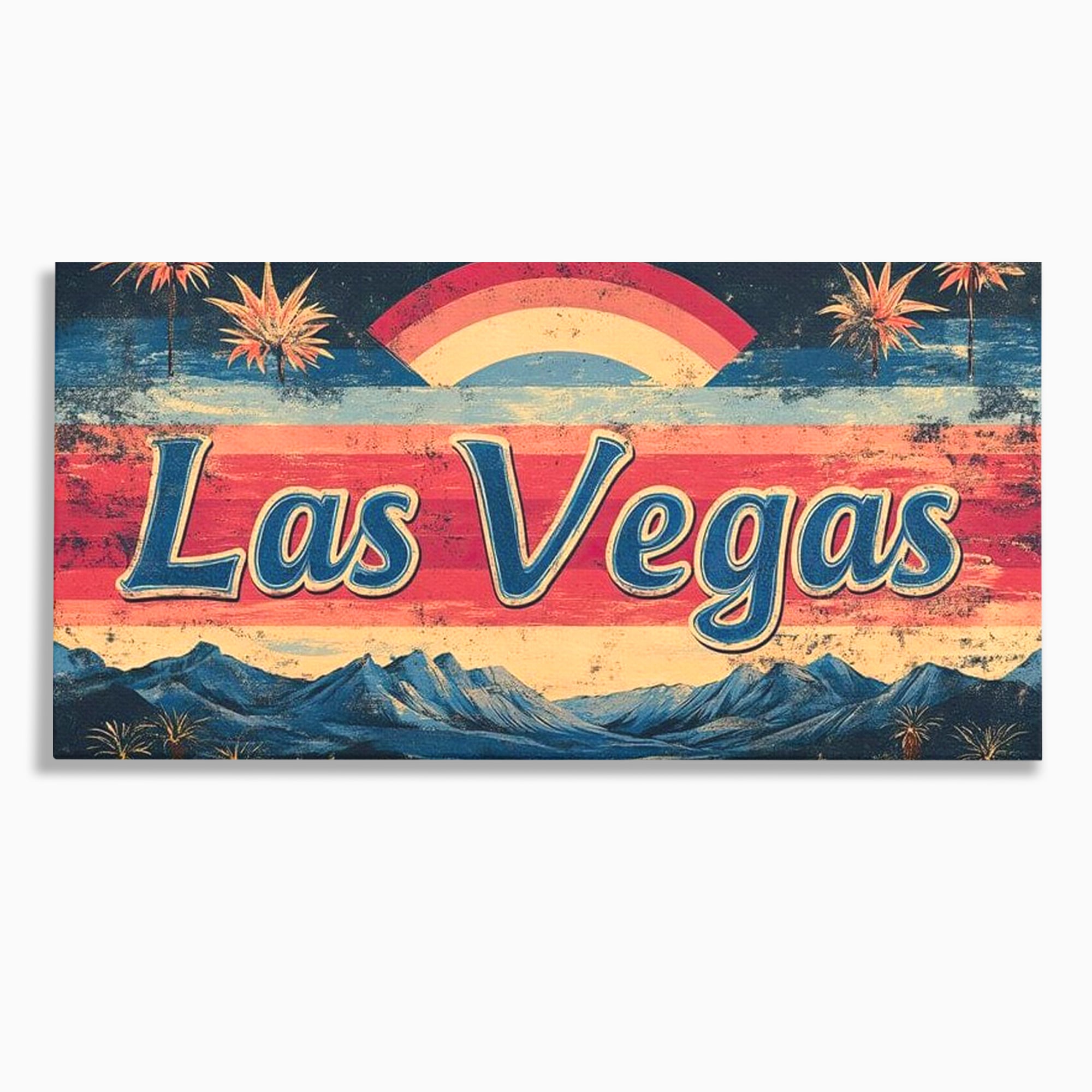 Tablou canvas cu ilustratie retro las vegas cu curcubeu si munti, fara rama, pe sasiu de lemn