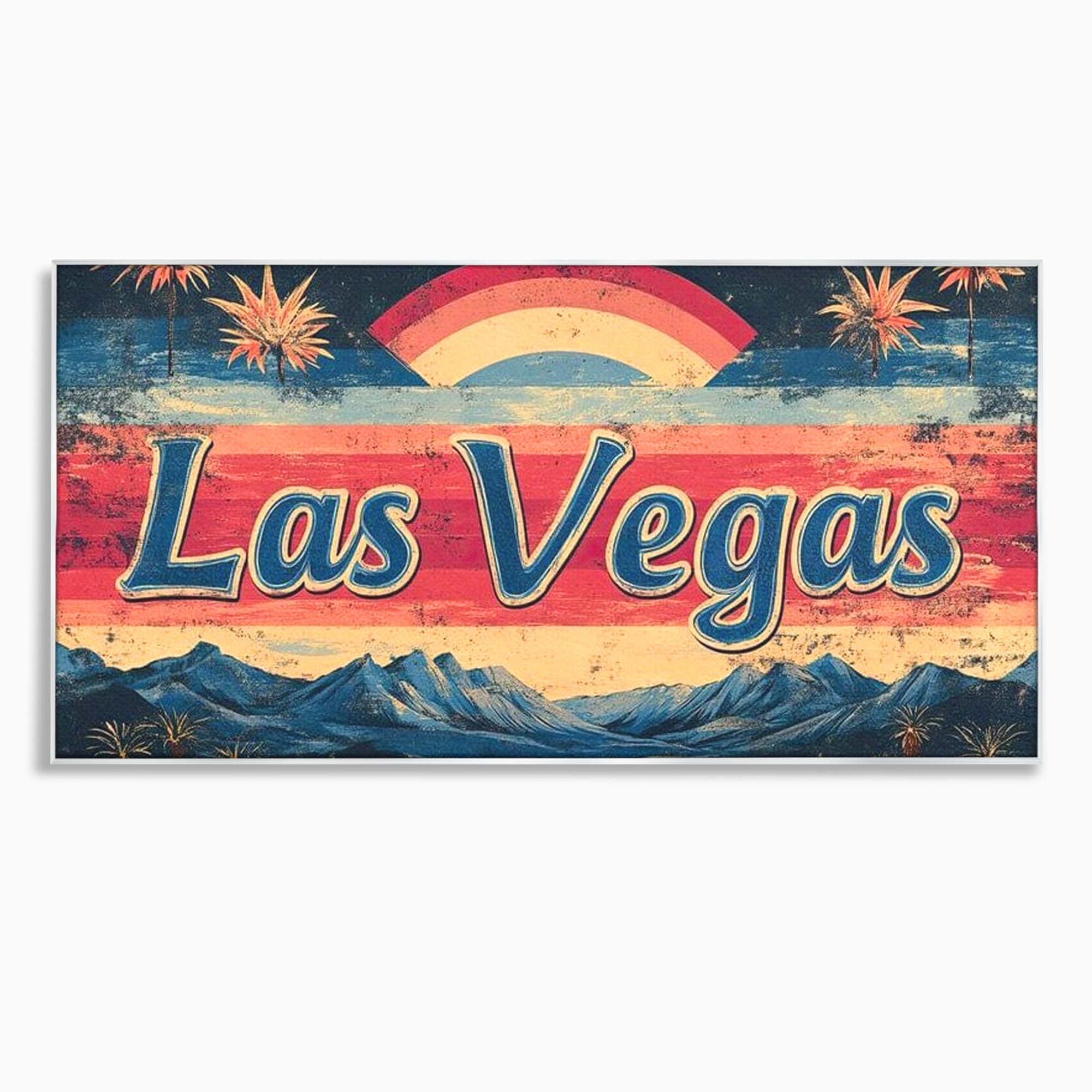Tablou canvas cu ilustratie retro las vegas cu curcubeu si munti, in rama de aluminiu argintiu