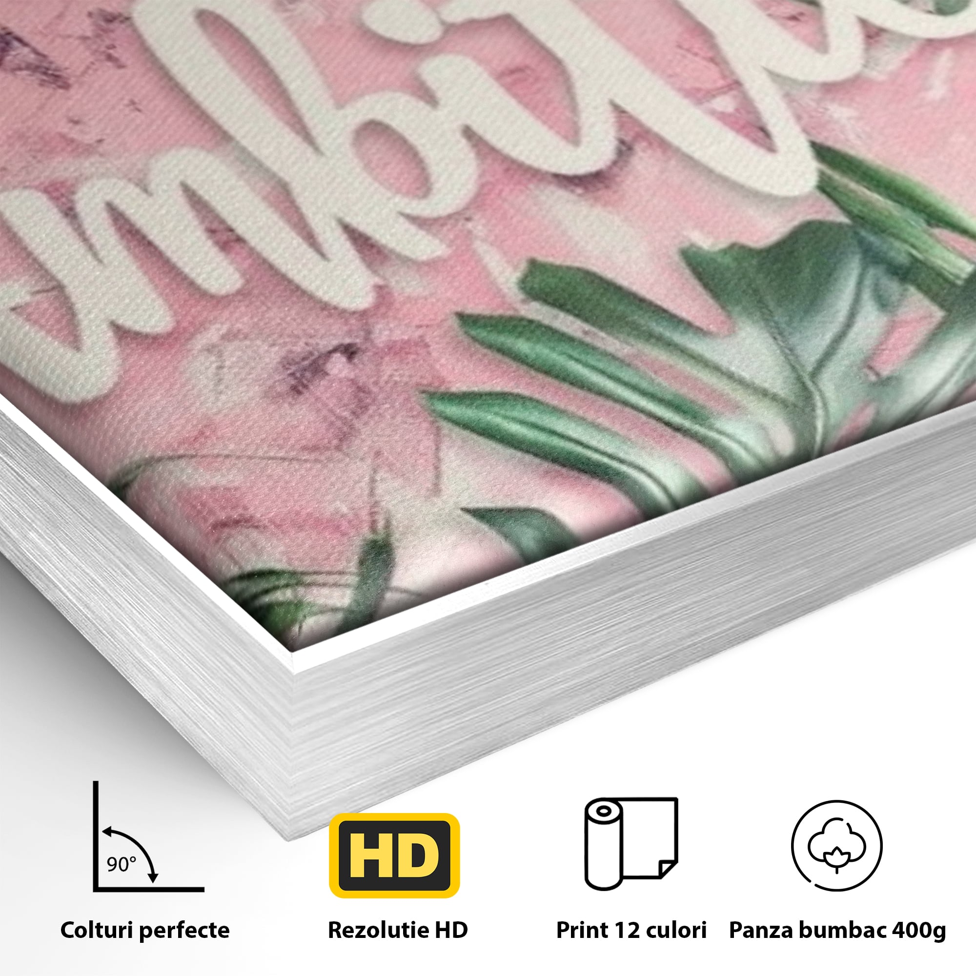 Detaliu al suprafetei: tablou canvas cu frunze tropicale si text, in rama de aluminiu argintiu
