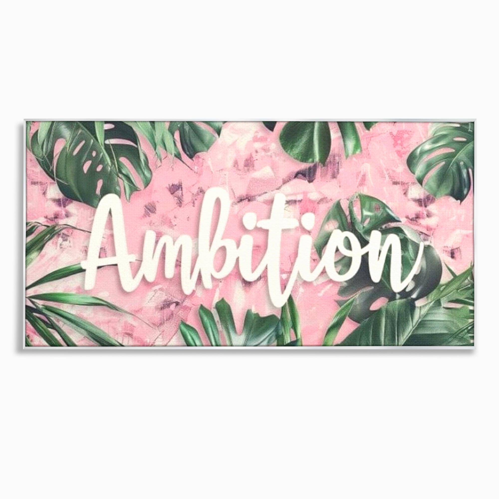 Tablou canvas cu tablou canvas cu frunze tropicale si text, in rama de aluminiu argintiu