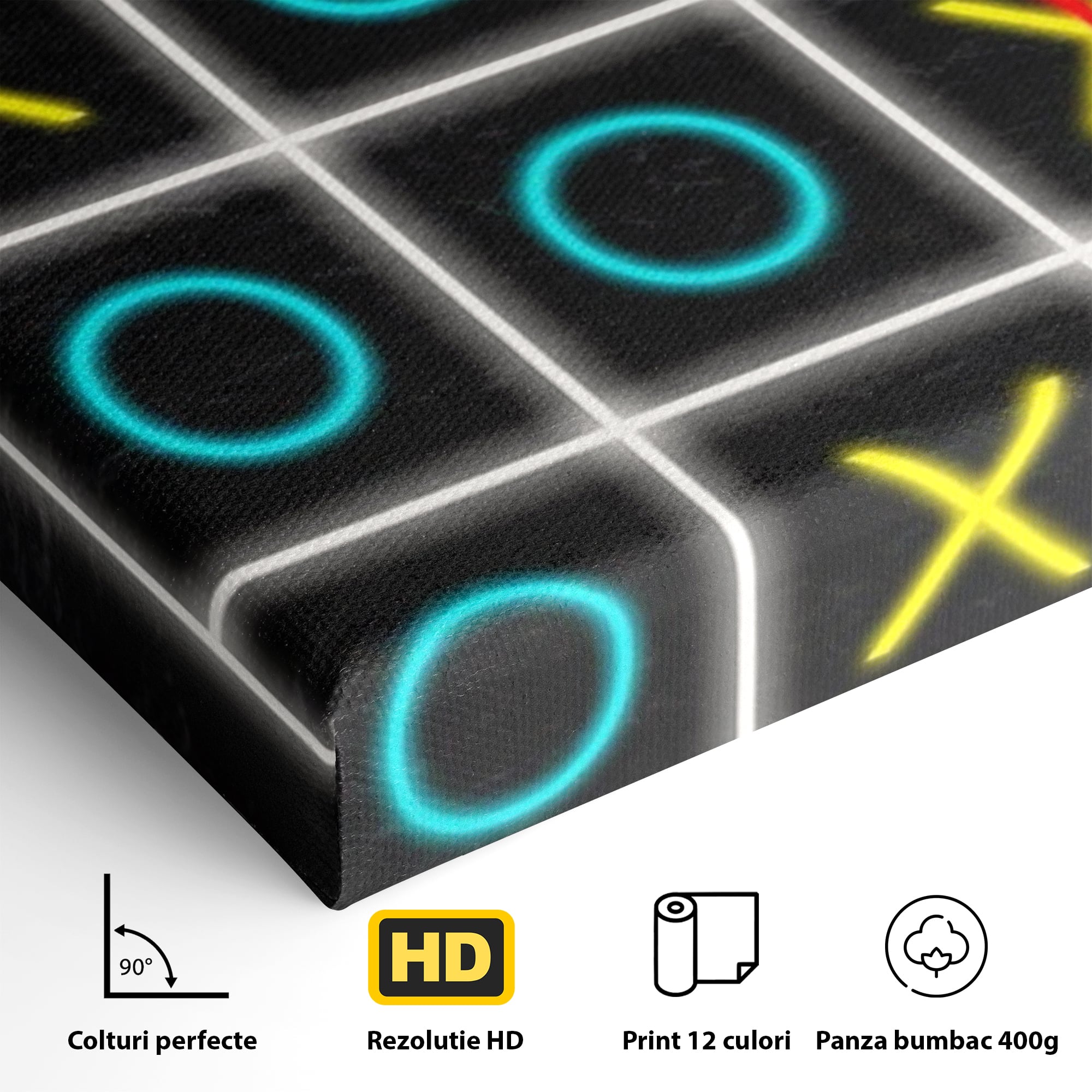 Detaliu al suprafetei: tablou canvas cu joc de tictactoe si text, fara rama, pe sasiu de lemn