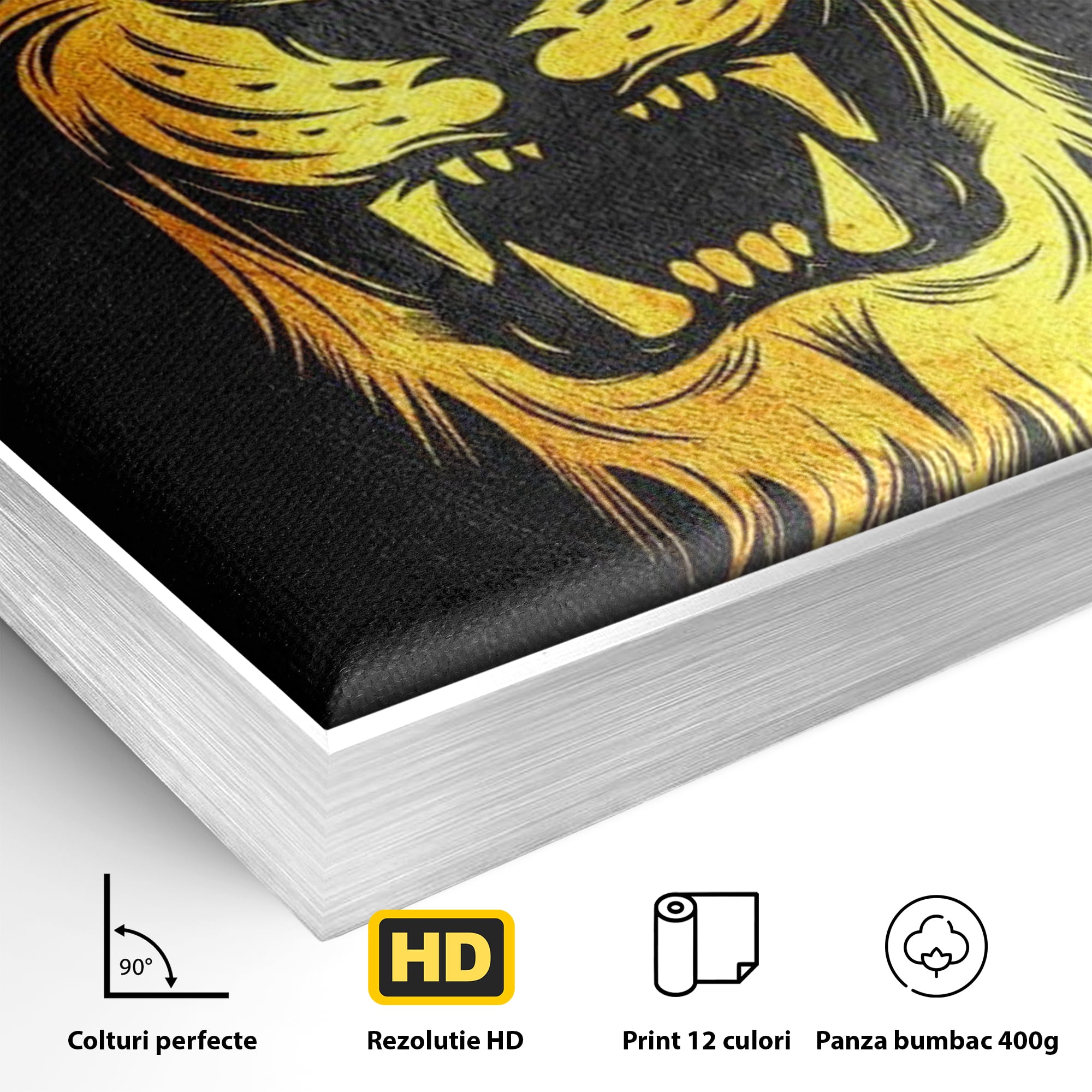 Detaliu al suprafetei: tablou canvas cu leu aurit, in rama de aluminiu argintiu