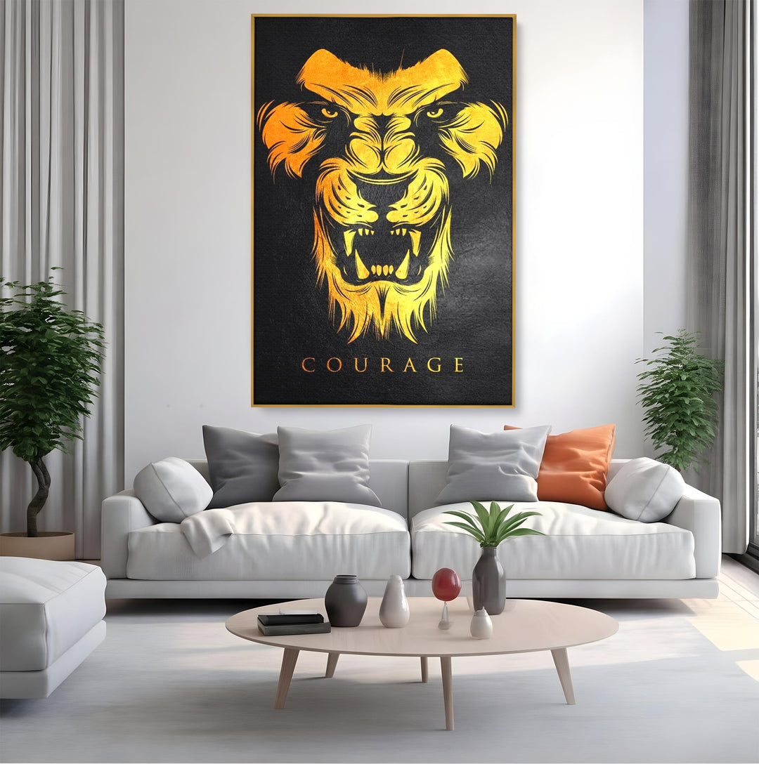 Tablou canvas cu tablou canvas cu leu aurit, in rama de aluminiu auriu, pe perete intr-un living