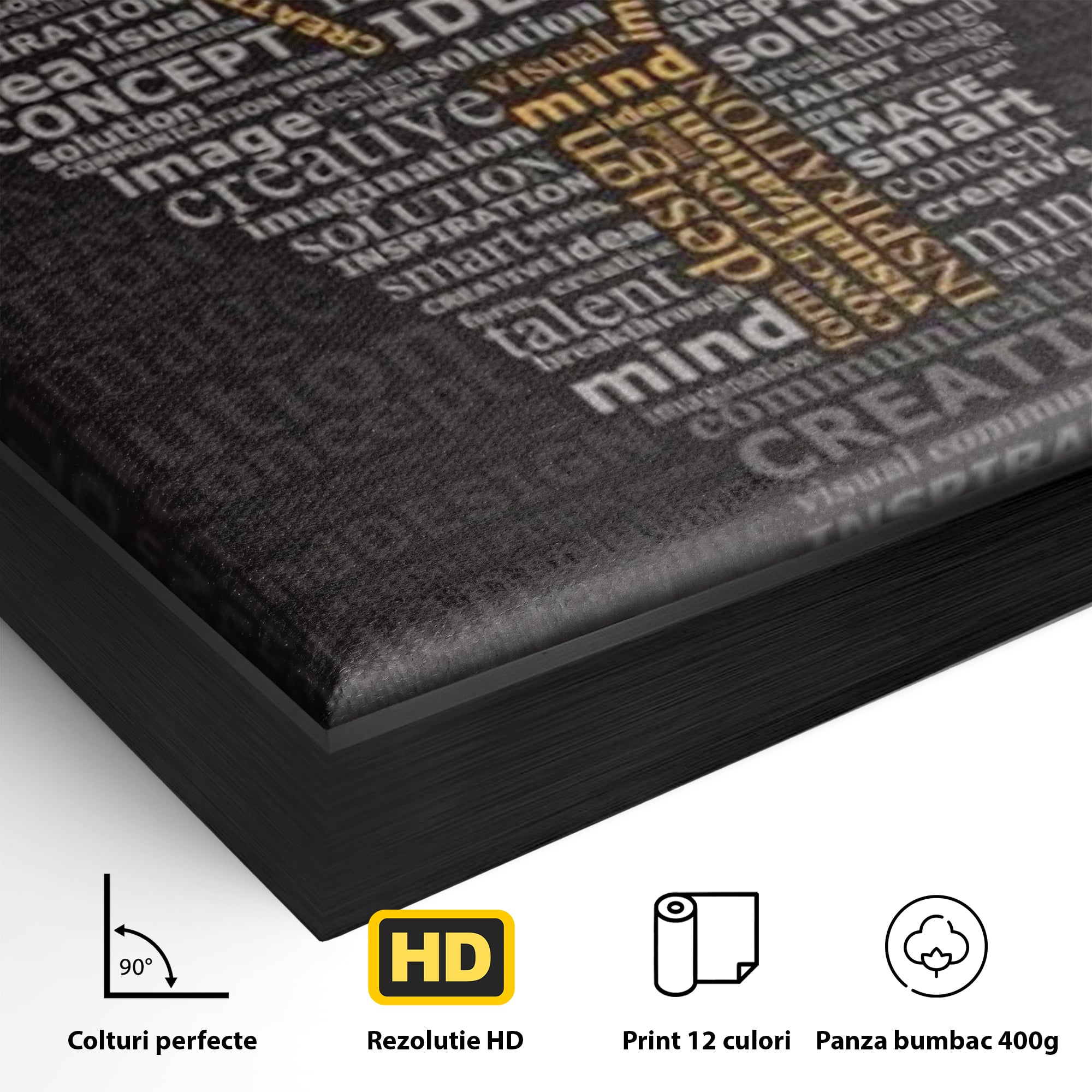 Detaliu al suprafetei: tablou canvas cu silueta de bec formata din cuvinte, in rama de aluminiu negru