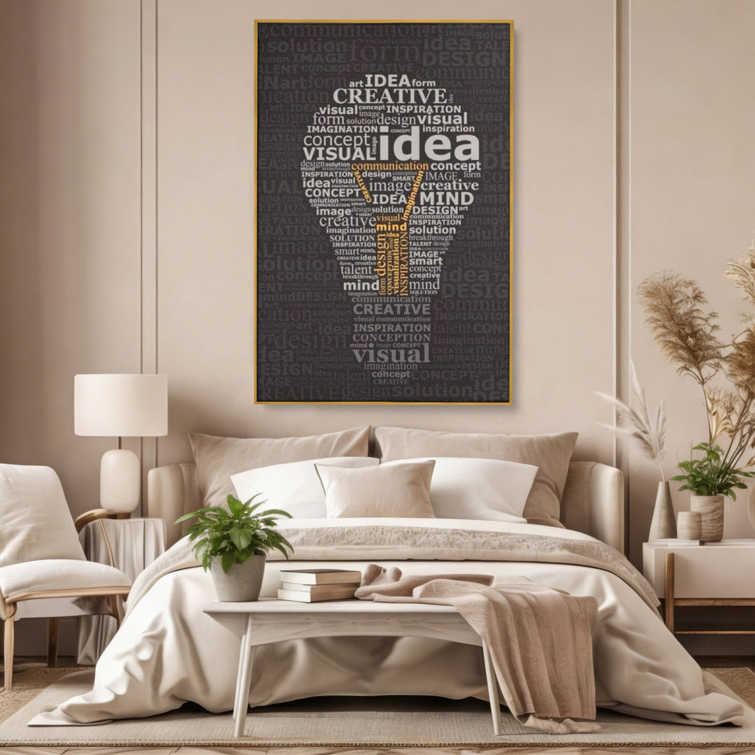 Tablou canvas cu tablou canvas cu silueta de bec formata din cuvinte, in rama de aluminiu auriu, pe perete intr-un dormitor