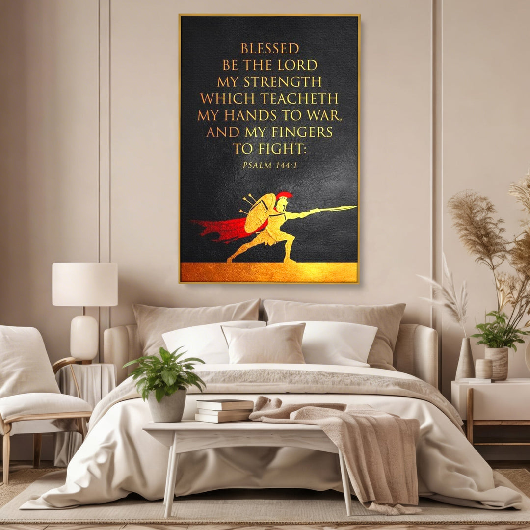 Tablou canvas cu tablou canvas cu razboinic antic si verset, in rama de aluminiu auriu, pe perete intr-un dormitor